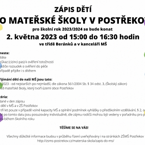 Zápis dětí do Mateřské školy Postřekov