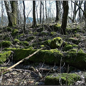 Prostor a zbytky sutin po demolici stavení.