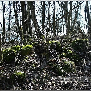 Pozůstatky stavebního materiálu po demolici stavení.