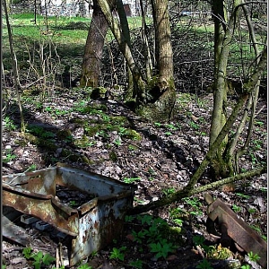 Prostor po pravé straně silnice od Všerub k Liščí s viditelnými pozůstkami po stavení, v pozadí bývalá hájovna.